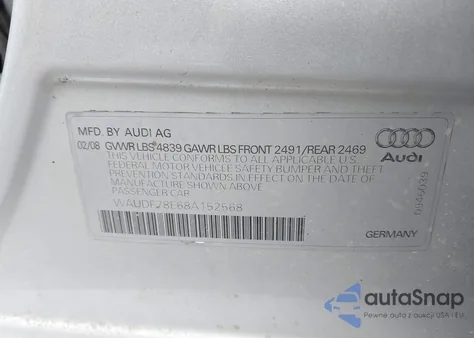2008 Audi A4 2.0T/2.0T Special Edition from USA, damaged, VIN WAUDF78E68A152568